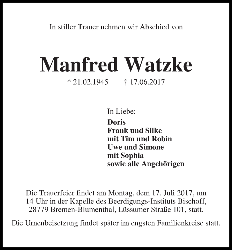 Traueranzeige von Manfred Watzke von Die Norddeutsche