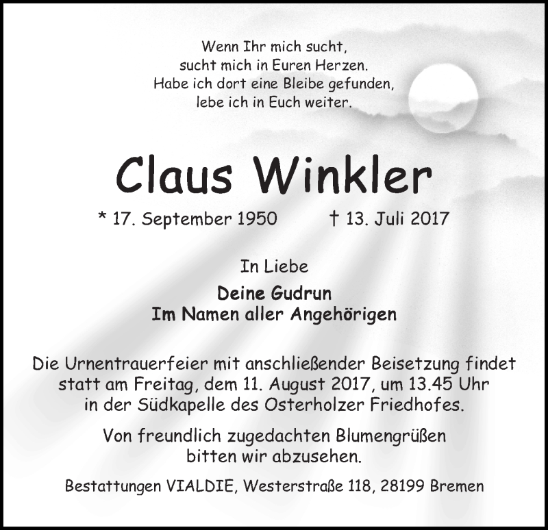 Traueranzeige von Claus Winkler von WESER-KURIER