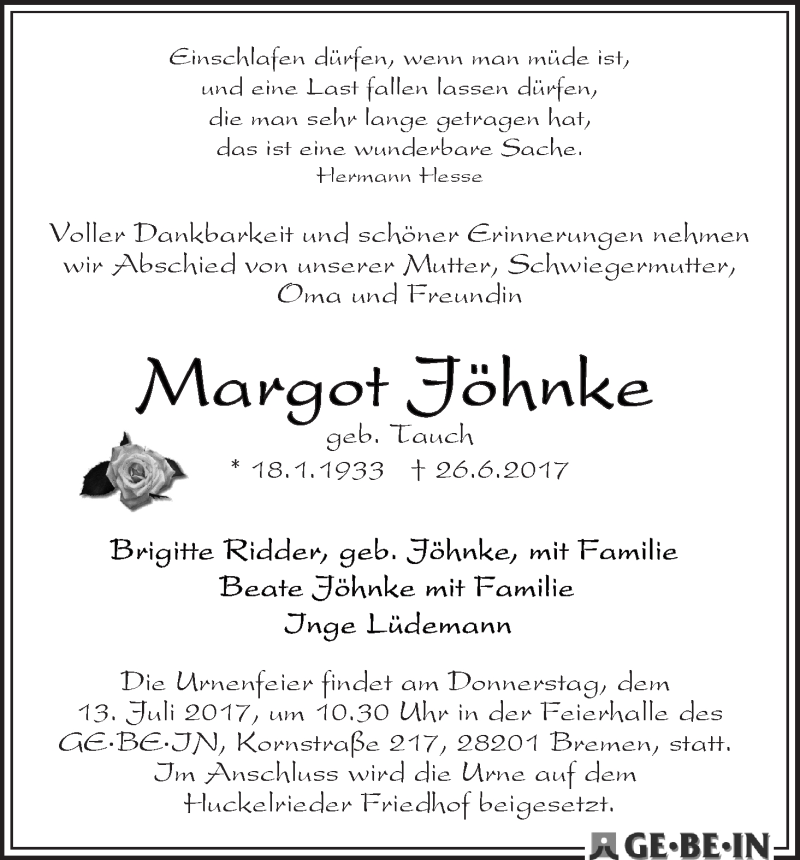 Traueranzeige von Margot Jöhnke von WESER-KURIER