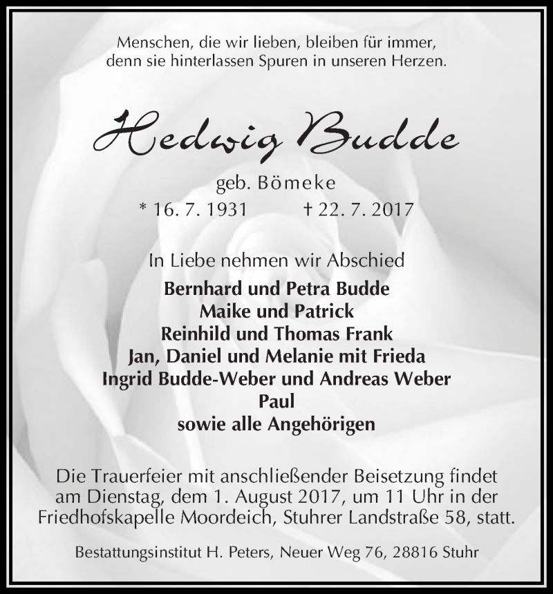 Traueranzeige von Hedwig Budde von WESER-KURIER