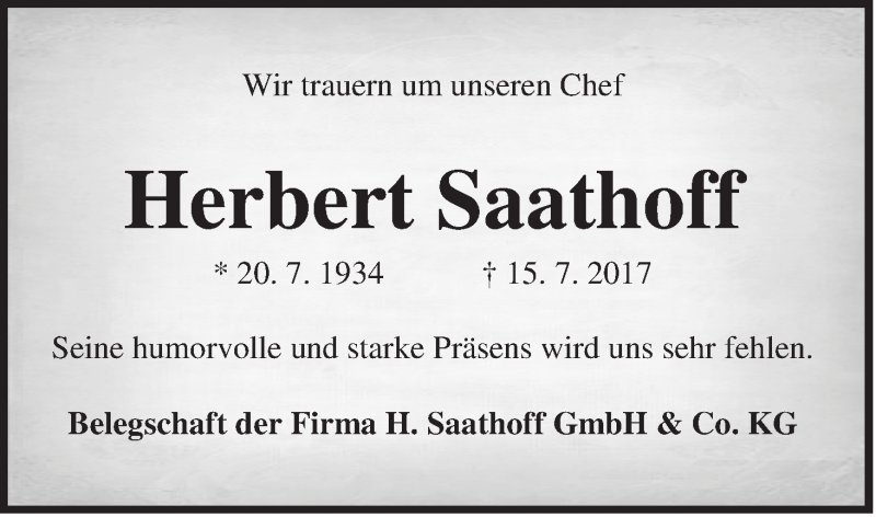 Traueranzeige von Herbert Saathoff von WESER-KURIER