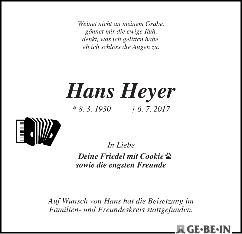 Traueranzeige von Hans Heyer von WESER-KURIER