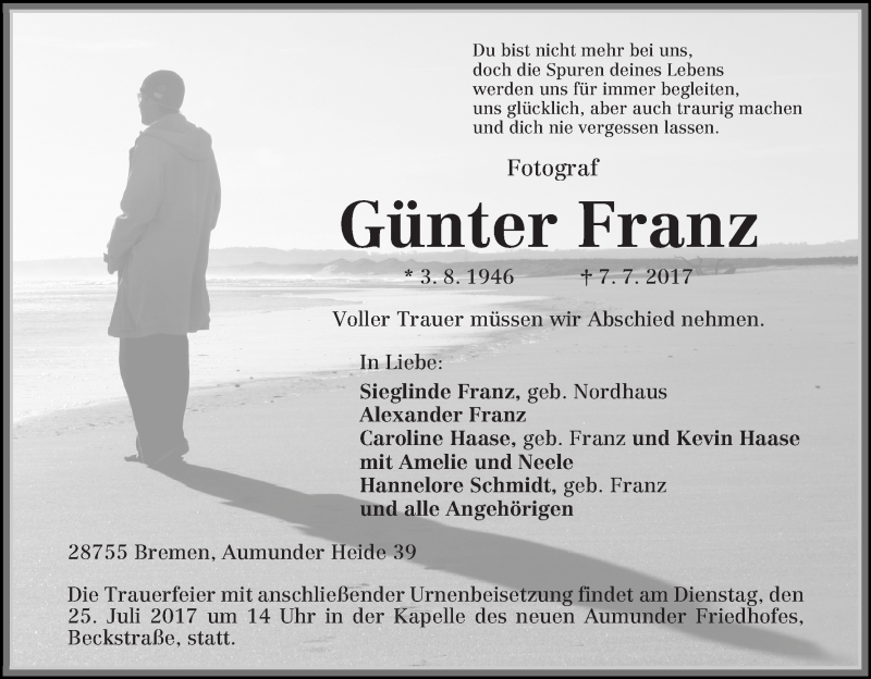 Traueranzeige von Günter Franz von Die Norddeutsche
