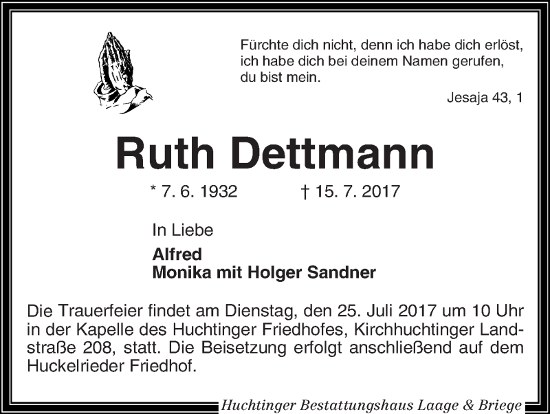 Traueranzeige von Ruth Dettmann von WESER-KURIER
