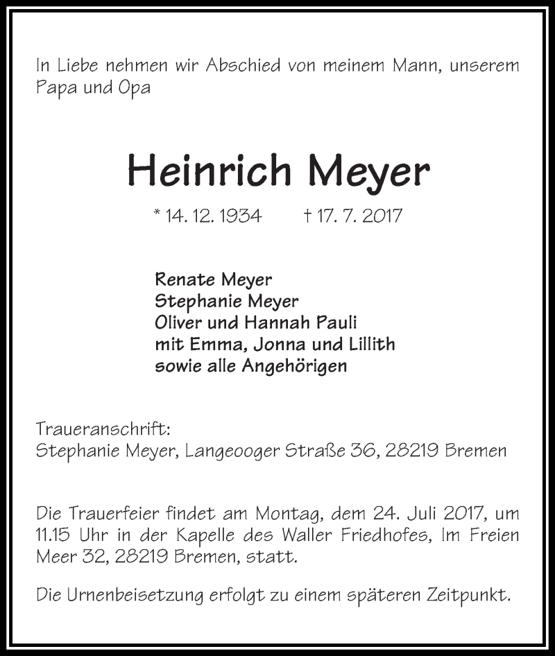 Traueranzeige von Heinrich Meyer von WESER-KURIER