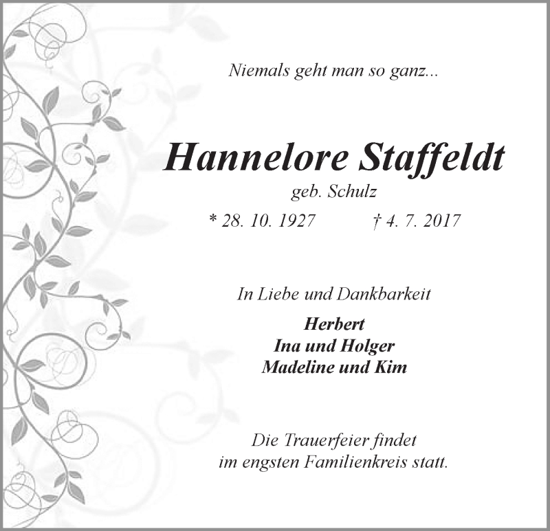Traueranzeige von Hannelore Staffeldt von WESER-KURIER