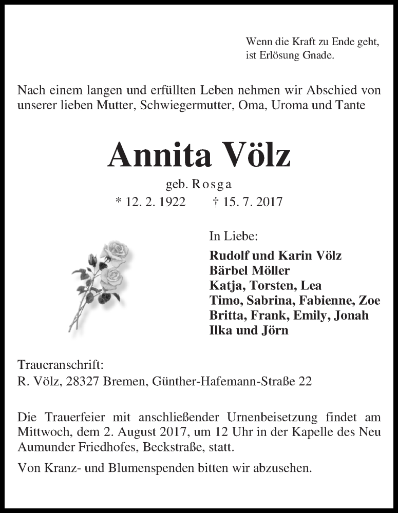 Traueranzeige von Annita Völz von Die Norddeutsche