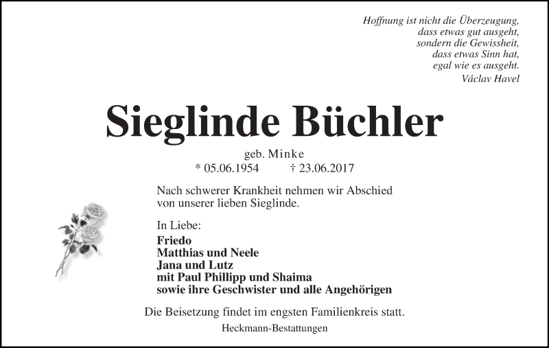 Traueranzeige von Sieglinde Büchler von Die Norddeutsche
