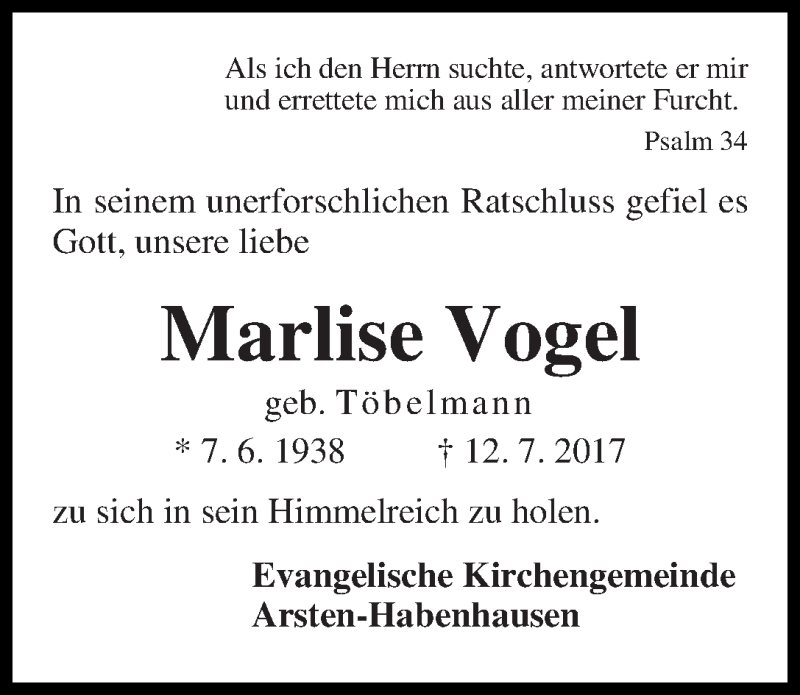 Traueranzeige von Marlise Vogel von WESER-KURIER