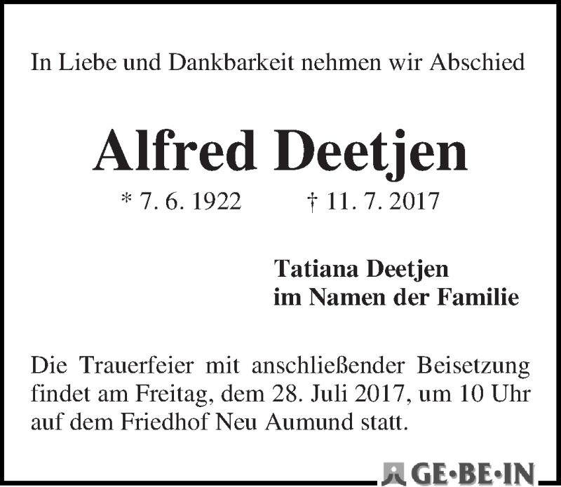Traueranzeige von Alfred Deetjen von WESER-KURIER