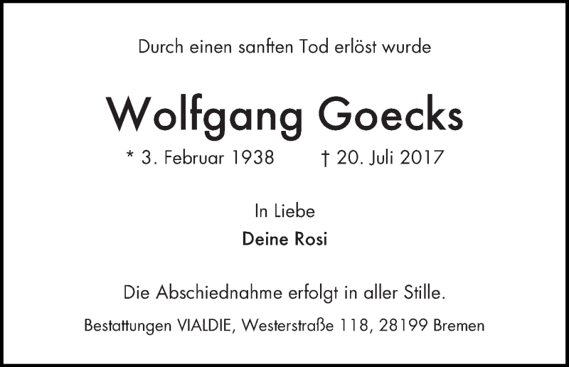 Traueranzeige von Wolfgang Goecks von WESER-KURIER
