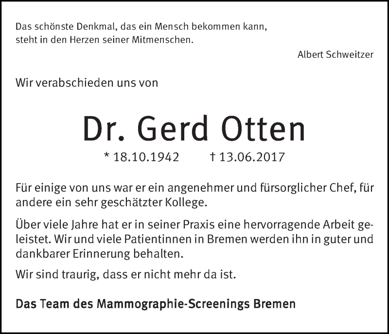Traueranzeige von Gerd Otten von WESER-KURIER