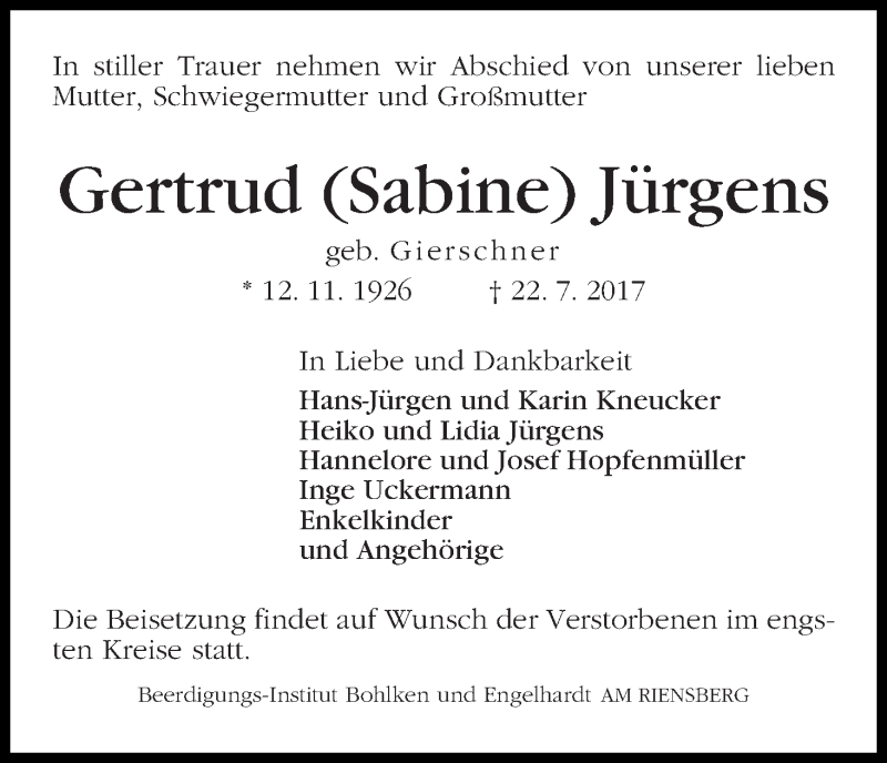 Traueranzeige von Gertrud (Sabine) Jürgens von WESER-KURIER
