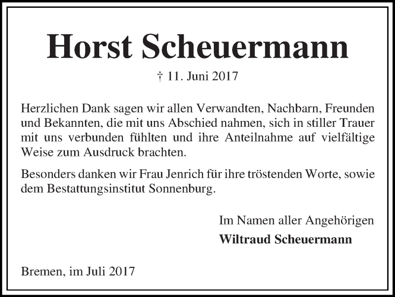 Traueranzeige von Horst Scheuermann von Die Norddeutsche
