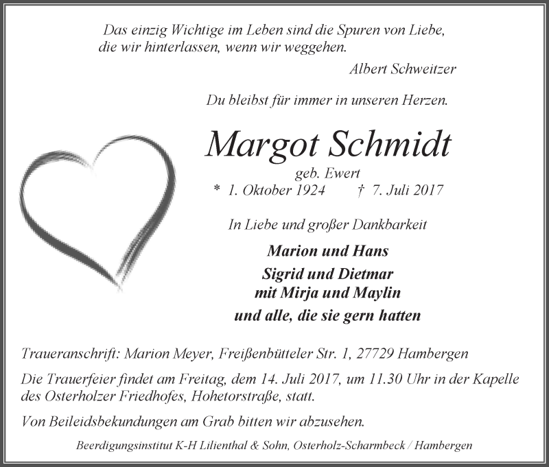 Traueranzeige von Margot Schmidt von Osterholzer Kreisblatt