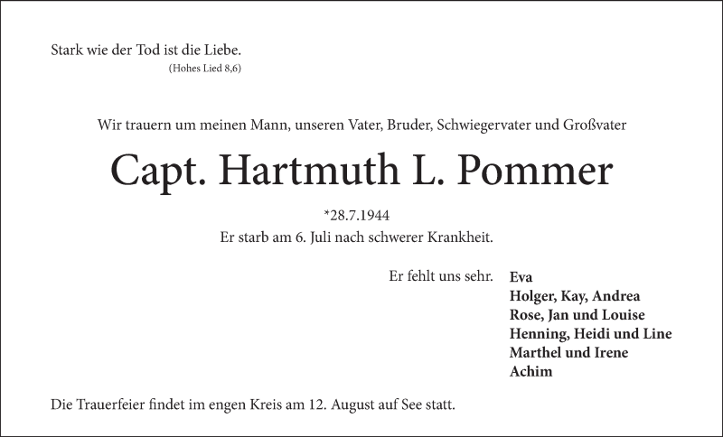 Traueranzeige von Hartmuth L. Pommer von WESER-KURIER