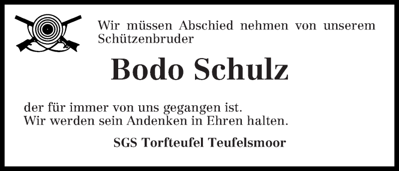 Traueranzeige von Bodo Schulz von Osterholzer Kreisblatt