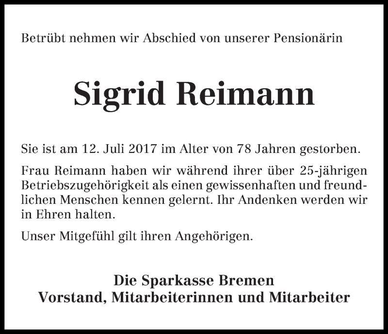 Traueranzeige von Sigrid Reimann von WESER-KURIER