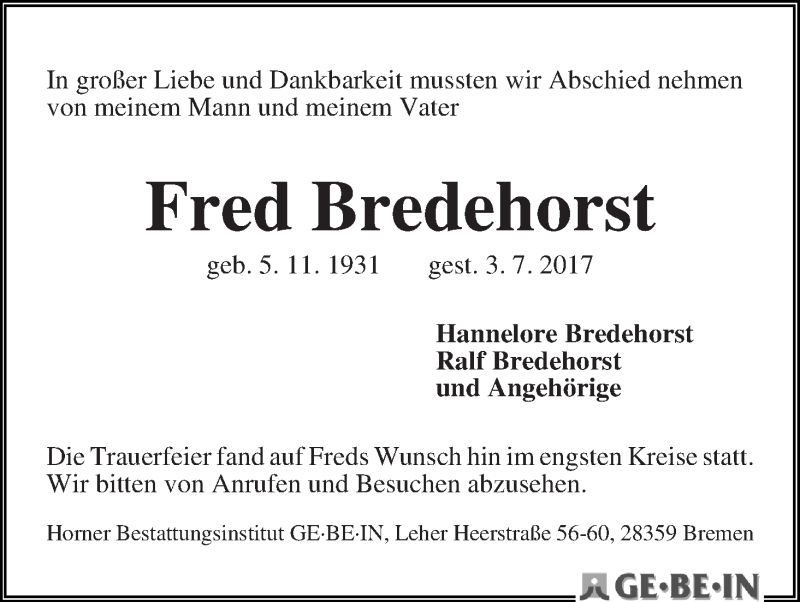 Traueranzeige von Fred Bredehorst von WESER-KURIER