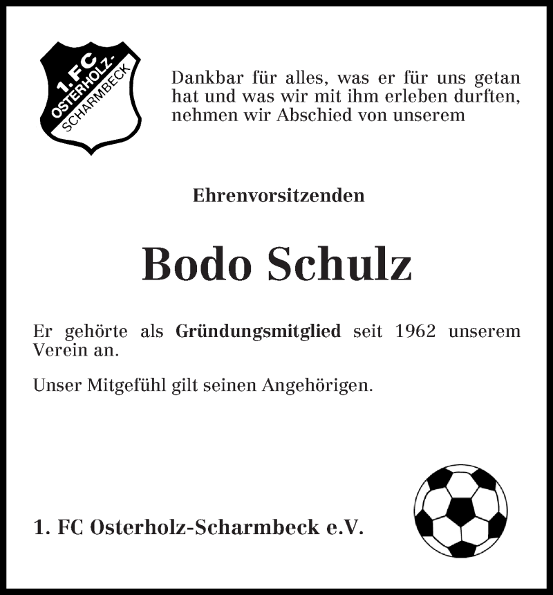 Traueranzeige von Bodo Schulz von Osterholzer Kreisblatt