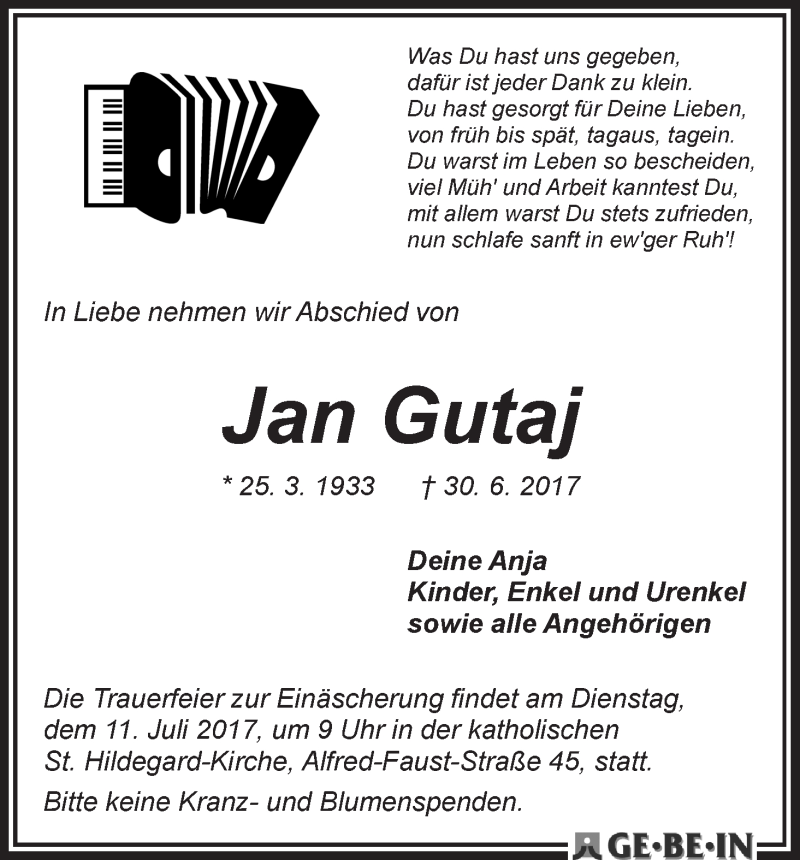 Traueranzeige von Jan Gutaj von WESER-KURIER