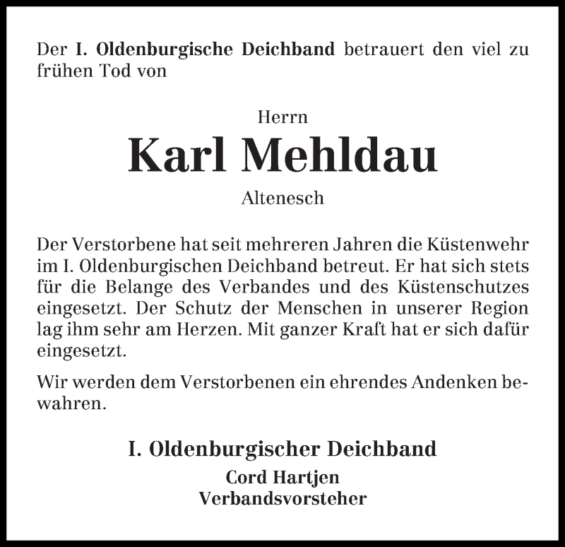 Traueranzeige von Karl Mehldau von Die Norddeutsche