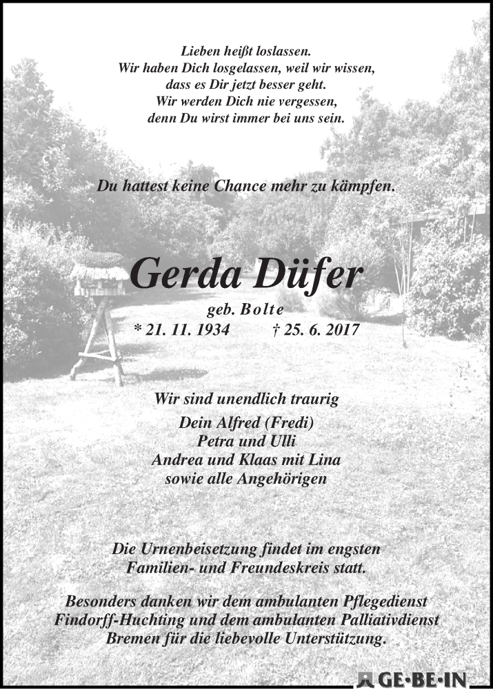 Traueranzeige von Gerda Düfer von WESER-KURIER