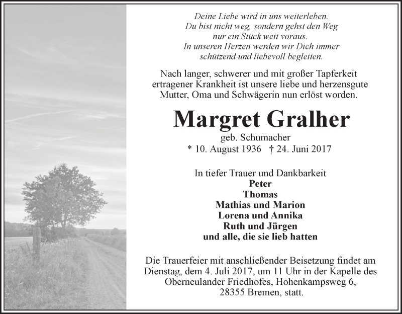 Traueranzeige von Margret Gralher von WESER-KURIER