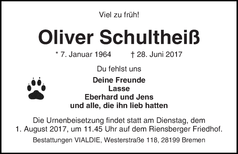 Traueranzeige von Oliver Schultheiß von WESER-KURIER