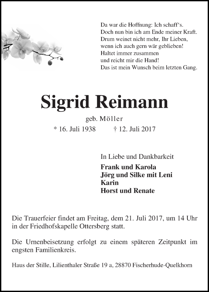 Traueranzeige von Sigrid Reimann von WESER-KURIER