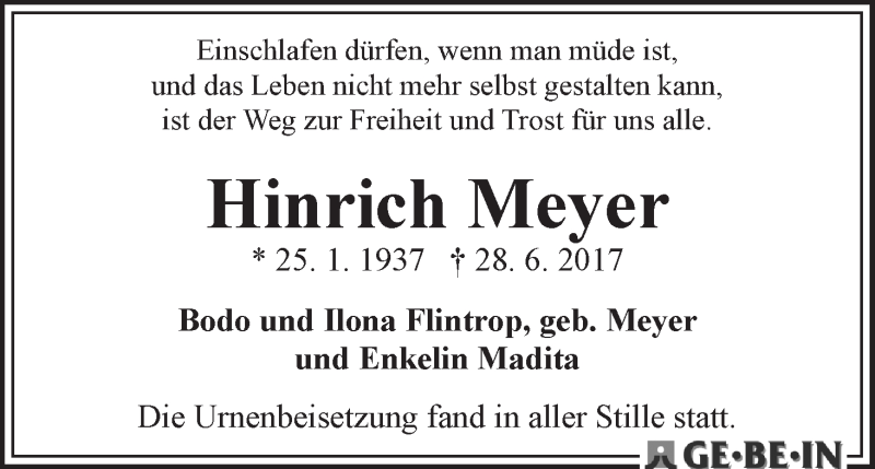 Traueranzeige von Hinrich Meyer von WESER-KURIER