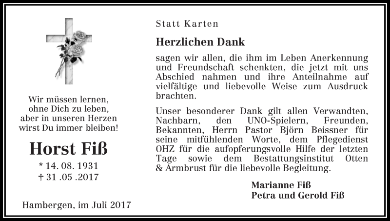 Traueranzeige von Horst Fiß von Osterholzer Kreisblatt