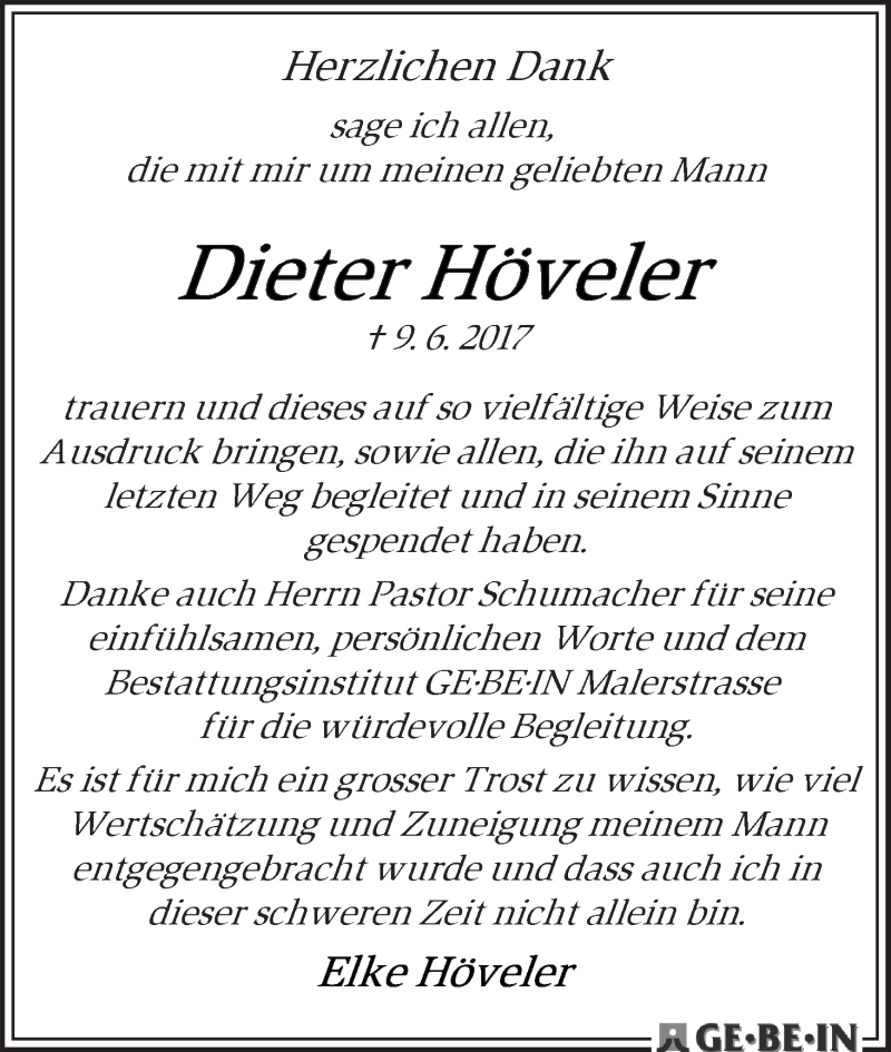 Traueranzeige von Dieter Höveler von WESER-KURIER