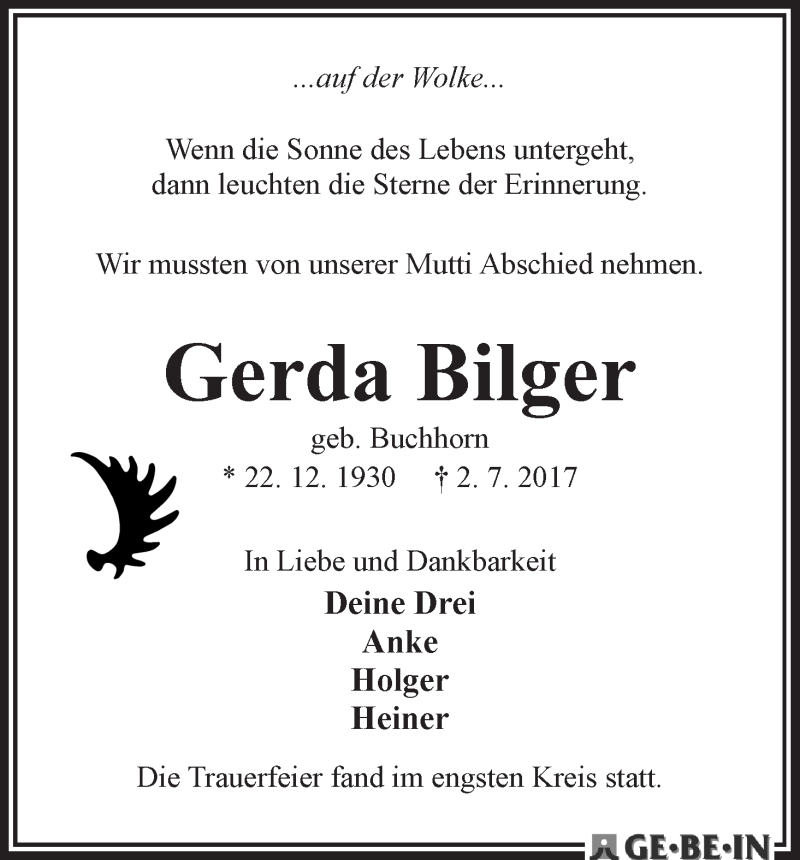 Traueranzeige von Gerda Bilger von WESER-KURIER