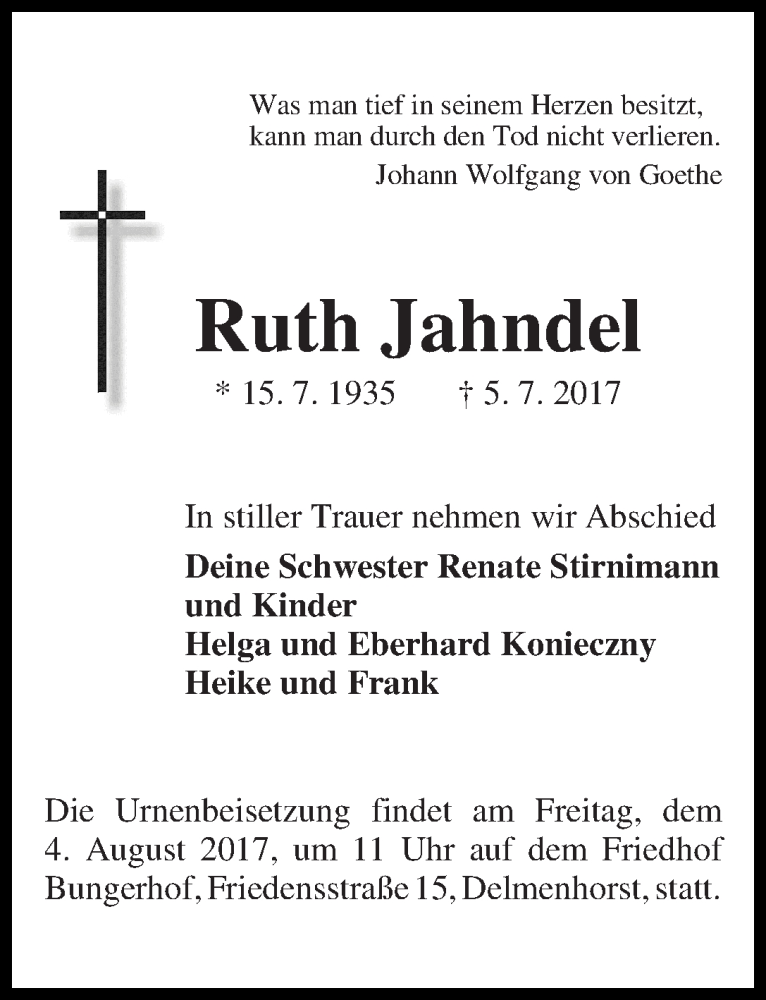 Traueranzeige von Ruth Jahndel von WESER-KURIER