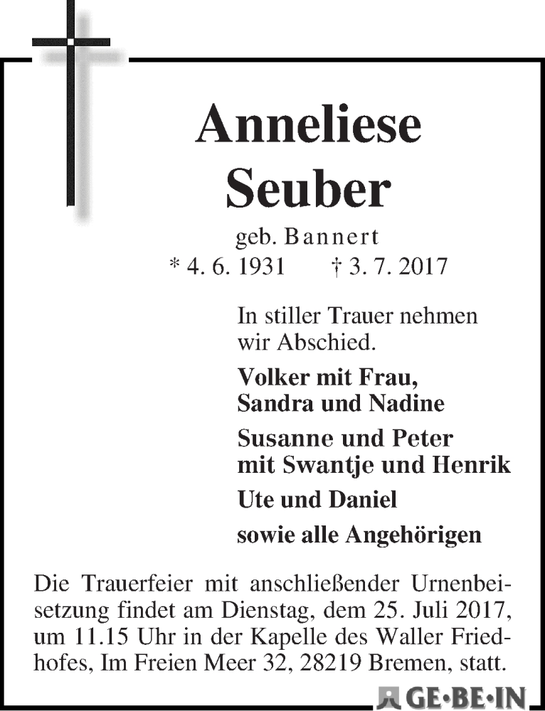 Traueranzeige von Anneliese Seuber von WESER-KURIER