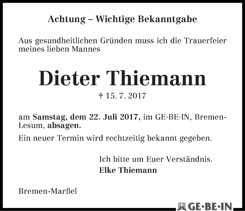 Traueranzeige von Dieter Thiemann von WESER-KURIER