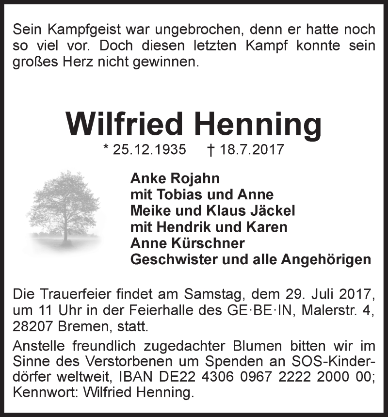 Traueranzeige von Wilfried Henning von WESER-KURIER