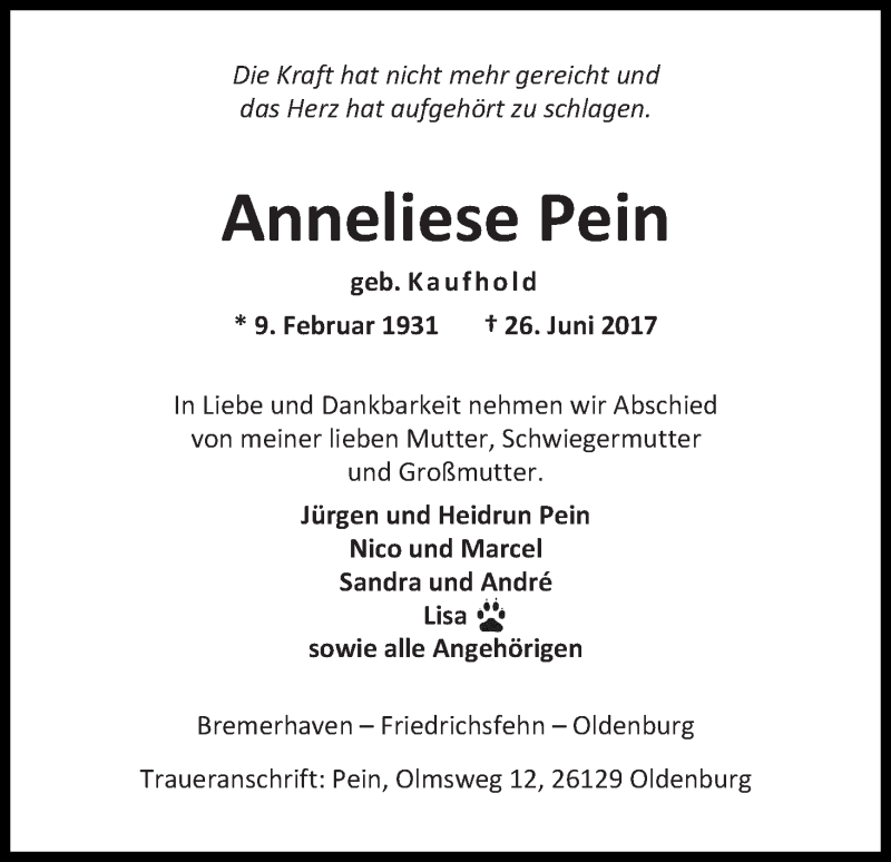 Traueranzeige von Anneliese Pein von WESER-KURIER