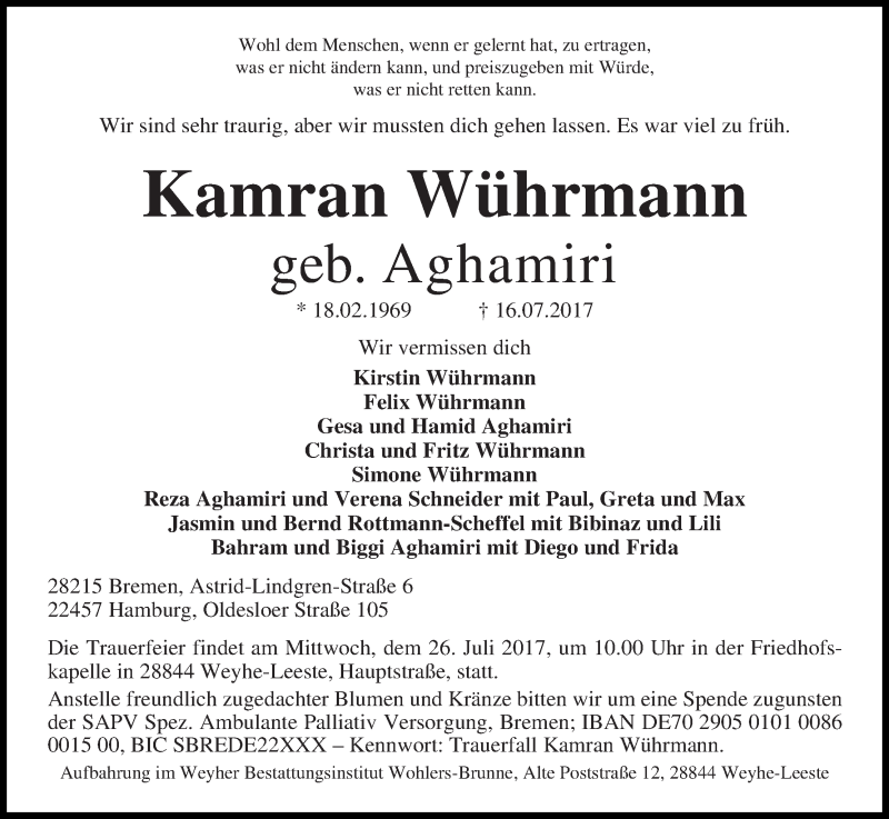 Traueranzeige von Kamran Wührmann von WESER-KURIER