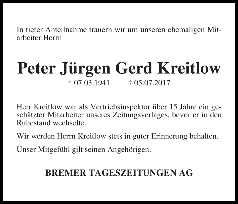 Traueranzeige von Gerd Kreitlow von WESER-KURIER