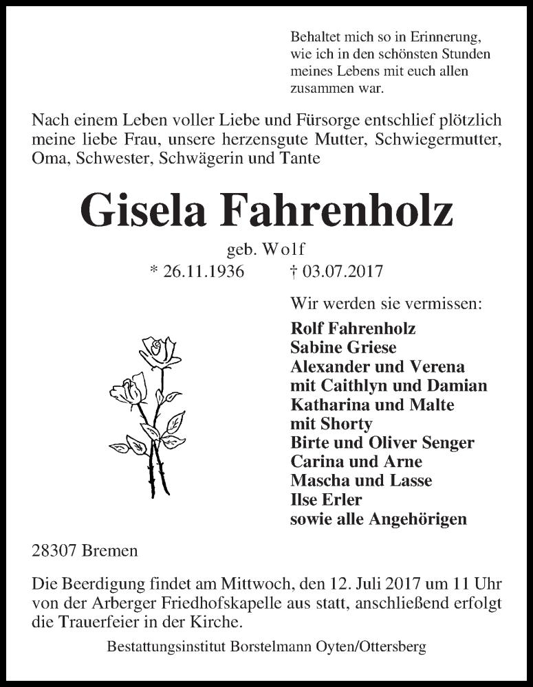Traueranzeige von Gisela Fahrenholz von WESER-KURIER