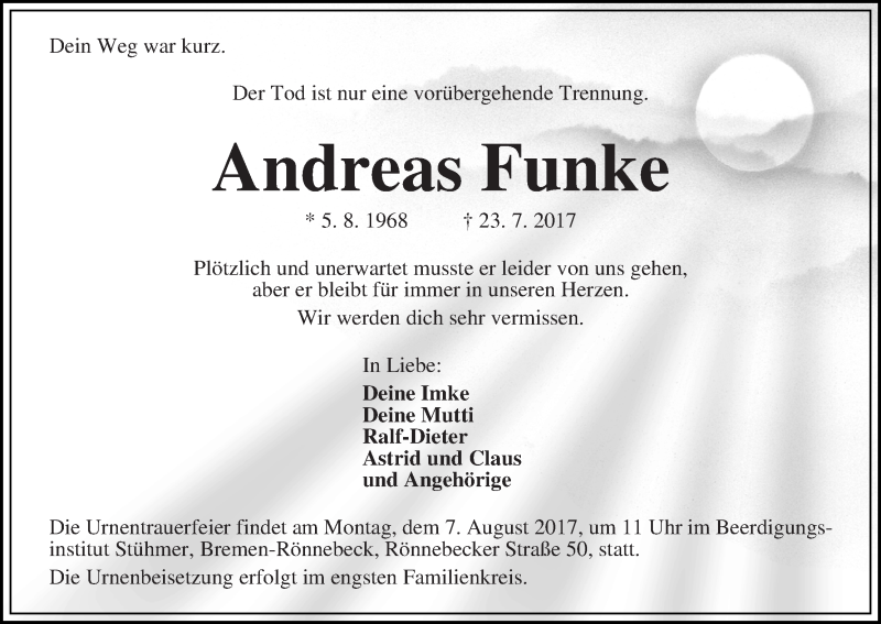 Traueranzeige von Andreas Funke von Die Norddeutsche