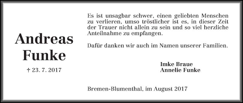 Traueranzeige von Andreas Funke von Die Norddeutsche
