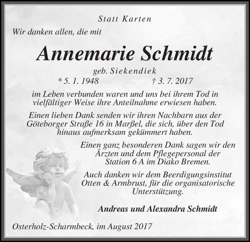 Traueranzeige von Annemarie Schmidt von Osterholzer Kreisblatt