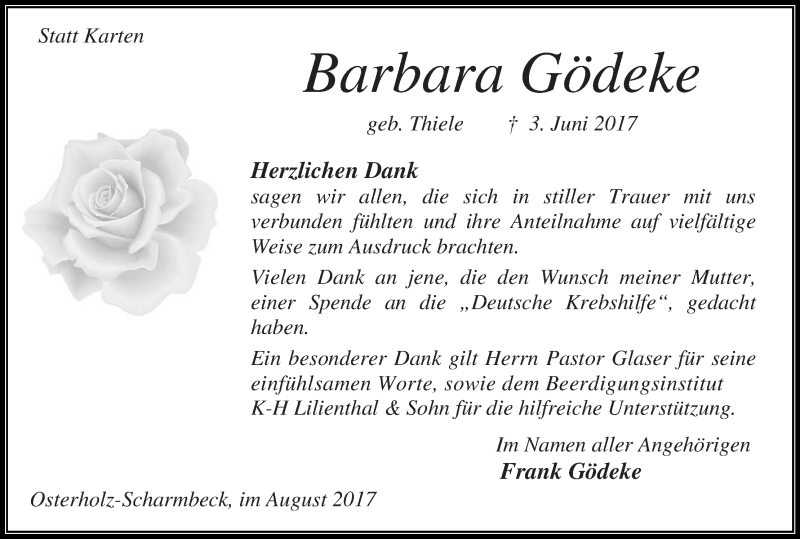 Traueranzeige von Barbara Gödeke von Osterholzer Kreisblatt