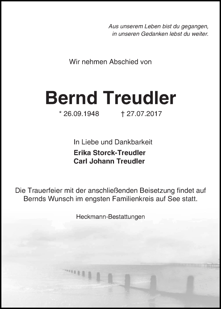 Traueranzeige von Bernd Treudler von Die Norddeutsche