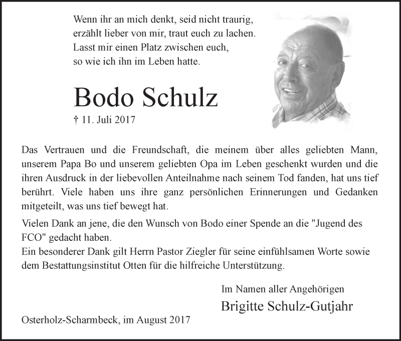Traueranzeige von Bodo Schulz von Osterholzer Kreisblatt