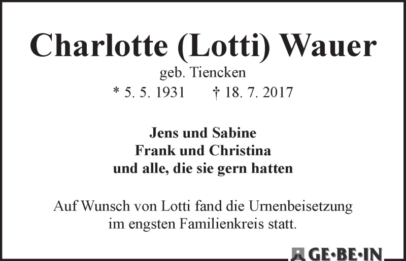 Traueranzeige von Charlotte (Lotti) Wauer von WESER-KURIER