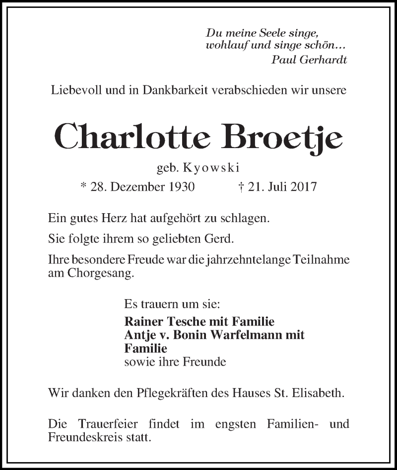 Traueranzeige von Charlotte Broetje von WESER-KURIER